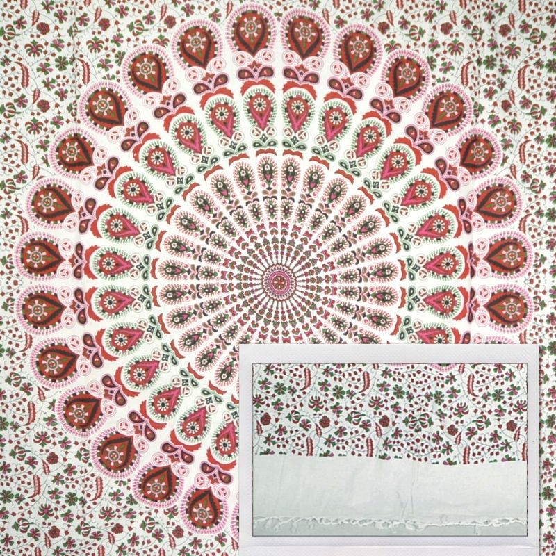 Narzuta bawełniana - biała mandala z frędzlami - czerwień i zieleń