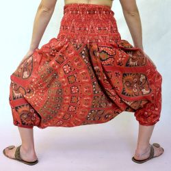 Spodnie - bawełniane szarawary - czerwona mandala w puzzle