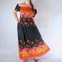 Sukienka indyjska - długa - czarny rayon w kolorowe kwiaty