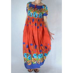Sukienka indyjska - długa - czerwony rayon w kolorowe kwiaty