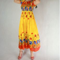 Sukienka indyjska - długa - żółty rayon w kolorowe kwiaty
