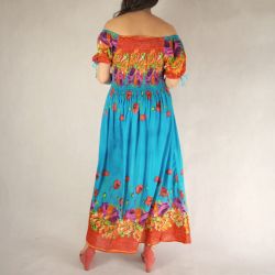 Sukienka indyjska - długa - turkusowy rayon w kolorowe kwiaty