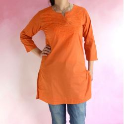 Tunika indyjska bawełniana - długa z haftem - pomarańczowa