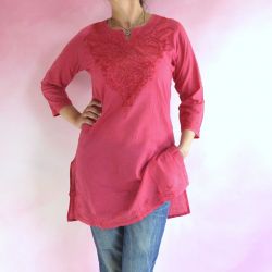 Tunika indyjska bawełniana - długa z haftem - ciemno różowa