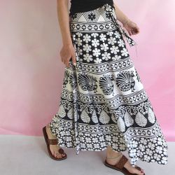 Spódnica indyjska  kopertowa - długa - biała - czarne pawie z kwiatami