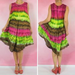 Sukienka indyjska za kolano - batik na ramiączkach - fuksja z seledynowym