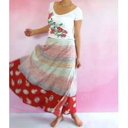Spódnica indyjska kopertowa - długa - kolorowe prążki - czerwona