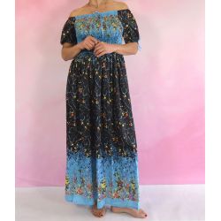 Sukienka indyjska - długa - czarny rayon w drobne kwiatki