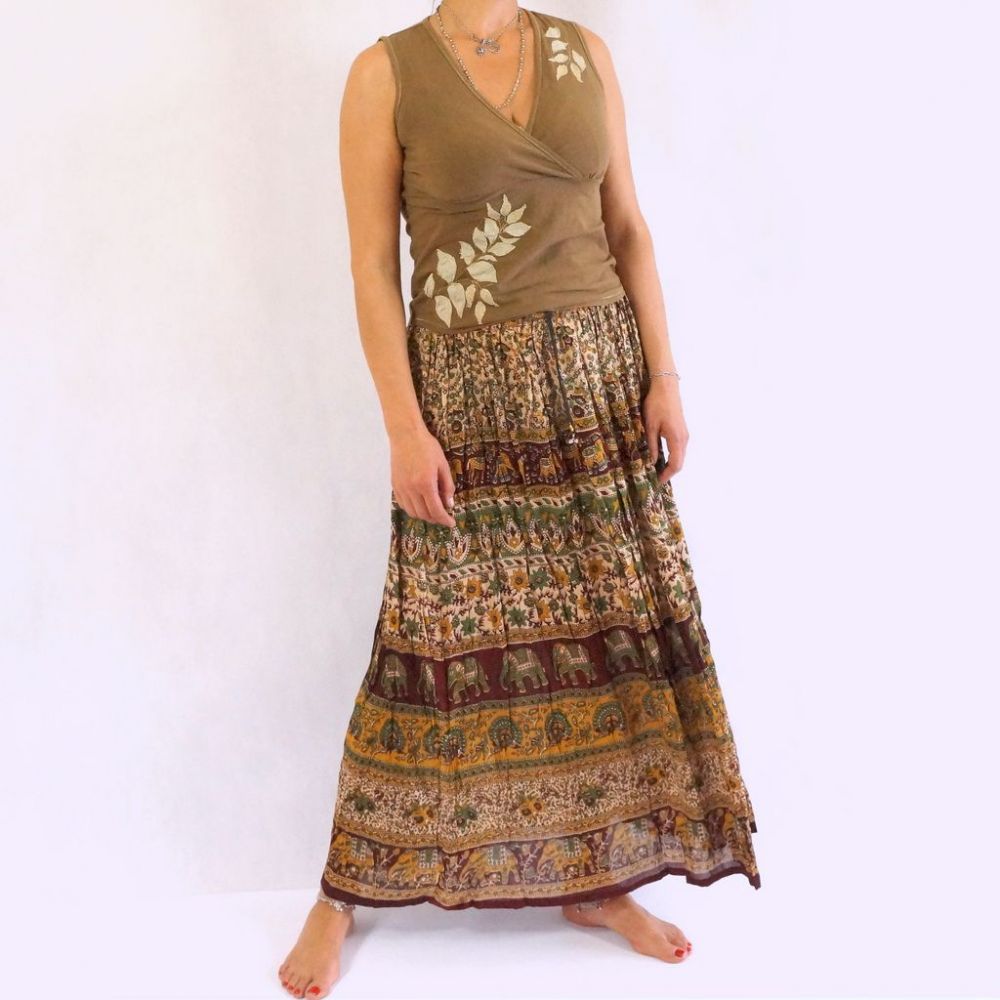 Spódnica indyjska -  z cieniutkiej wiskozy - skrętka - brunatno zielona z dzwoneczkami