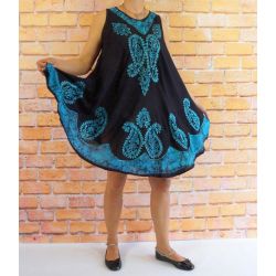 Sukienka indyjska za kolano - czarny rayon - niebieskie paisley