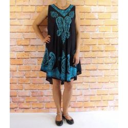 Sukienka indyjska za kolano - czarny rayon - niebieskie paisley