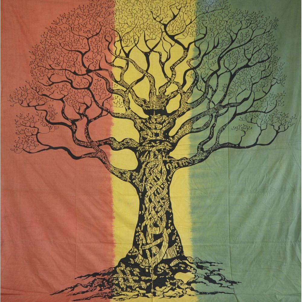 Narzuta bawełniana - makata - mądre drzewo - zielony z żółtym i pomarańczowym