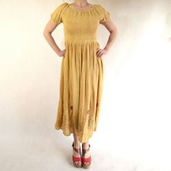 Sukienka indyjska - długa - kreszowany rayon - musztardowa