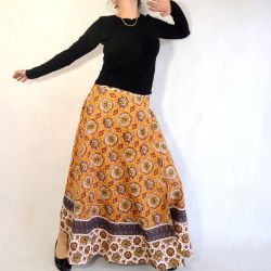 Spódnica indyjska kopertowa - długa - ciemno żółty ornament z szarym