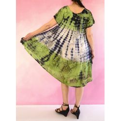 Sukienka indyjska za kolano - batik rękawkiem i cekinami - szary z zielonym