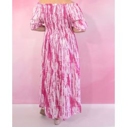 Sukienka indyjska - długa - biało różowy batik z gumeczkami
