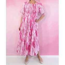 Sukienka indyjska - długa - biało różowy batik z gumeczkami