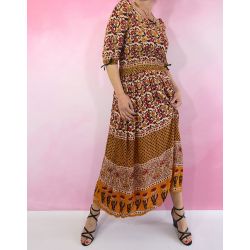 Sukienka indyjska - długa - cieniutki rayon z rękawkiem - duże kwiatki