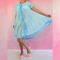 Sukienka indyjska - batik z rękawkiem - błękitny rayon