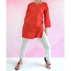Tunika indyjska bawełniana - długa z haftem -  czerwona