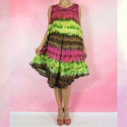 Sukienka indyjska za kolano - batik na ramiączkach - fuksja z seledynowym