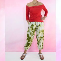 Spodnie z rayonu na gumce - zielony batik