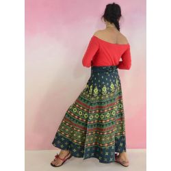Spódnica indyjska  kopertowa - długa - zielona - kwiaty i szlaczki