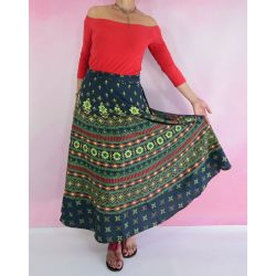 Spódnica indyjska  kopertowa - długa - zielona - kwiaty i szlaczki