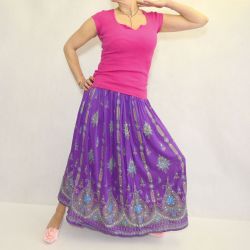 Spódnica indyjska długa - z cekinami - jasno fioletowy rayon ze złotem