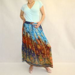 Spódnica indyjska długa - na gumce - batik z cekinami - błękitno czerwona