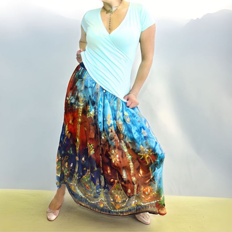 Spódnica indyjska długa - na gumce - batik z cekinami - błękitno czerwona