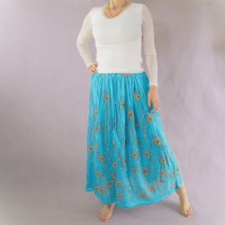 Spódnica indyjska długa - rayonowa krepa z cekinami i złotem - turkuswe pawie pióra