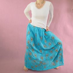 Spódnica indyjska długa - rayonowa krepa z cekinami i złotem - turkusowe pawie pióra