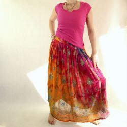 Spódnica indyjska długa - na gumce - batik z cekinami - fuksja z żółtym