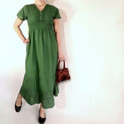 Sukienka indyjska bawełniana - długa z krótkim rękawem i koronką - zielona