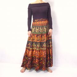 Spódnica indyjska kopertowa - długa - brunatna z pawiami