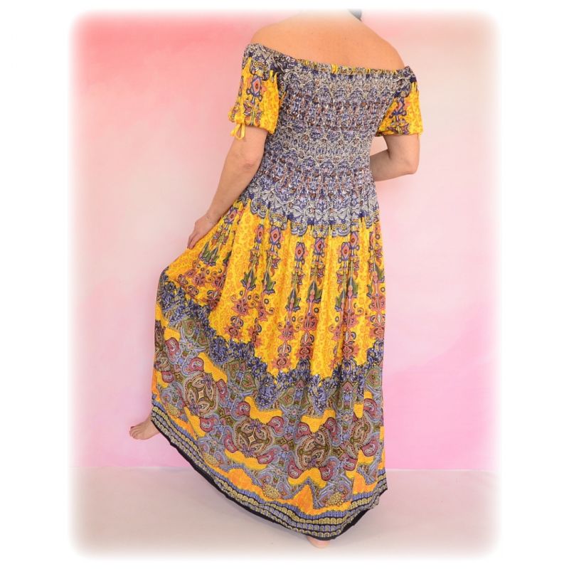 Sukienka indyjska - długa - lilie z ornamentem - żółty z niebieskim