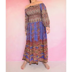 Sukienka indyjska - długa - lilie z ornamentem - niebieski z różowym