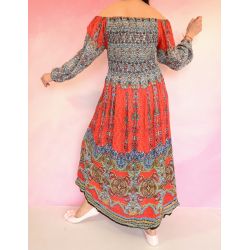 Sukienka indyjska - długa - lilie z ornamentem - pomarańczowy z niebieskim