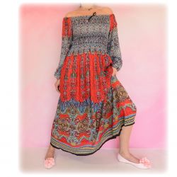 Sukienka indyjska - długa - lilie z ornamentem - pomarańczowy z niebieskim