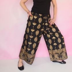 Spodnie z rayonu - szerokie z kieszeniami - czarny ze złotem