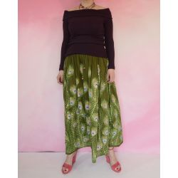 Spódnica indyjska długa - rayonowa krepa z cekinami i złotem - zielone pawie pióra
