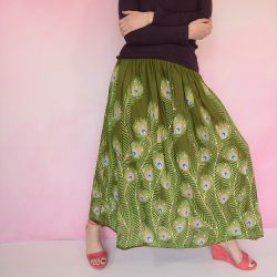 Spódnica indyjska długa - rayonowa krepa z cekinami i złotem - zielone pawie pióra