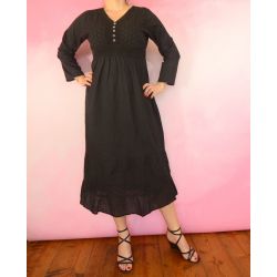 Sukienka indyjska bawełniana - długa z długim rękawem i koronką - czarna