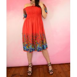 Sukienka indyjska - midi z gumeczkami - soczysty pomarańczowy