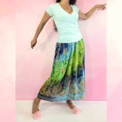 Spódnica indyjska długa - na gumce - batik z cekinami - zielona