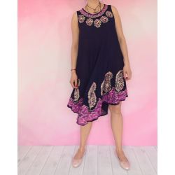 Sukienka indyjska za kolano - rayonowa oberżyna - różowe paisley