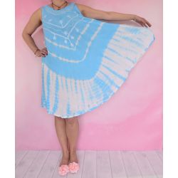 Sukienka indyjska za kolano - batik na ramiączkach - błękit z białym