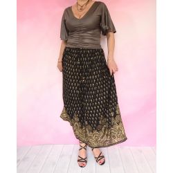 Spódnica indyjska długa - rayonowa krepa z dzwoneczkami - czarny ze złotem