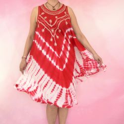 Sukienka indyjska za kolano - batik na ramiączkach - czerwony z białym